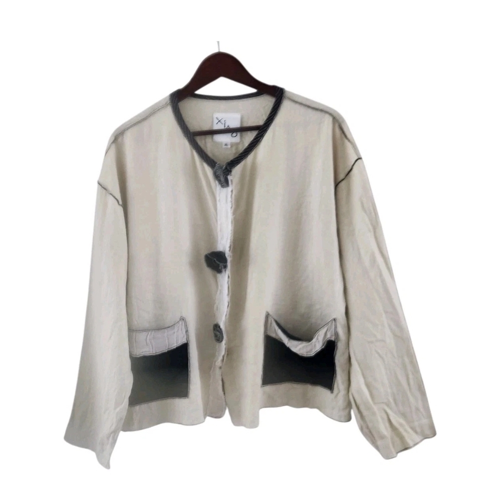 XIAO Lagenlook Art To Wear Linen Cream Black Flower Buttons Pockets Womens XL